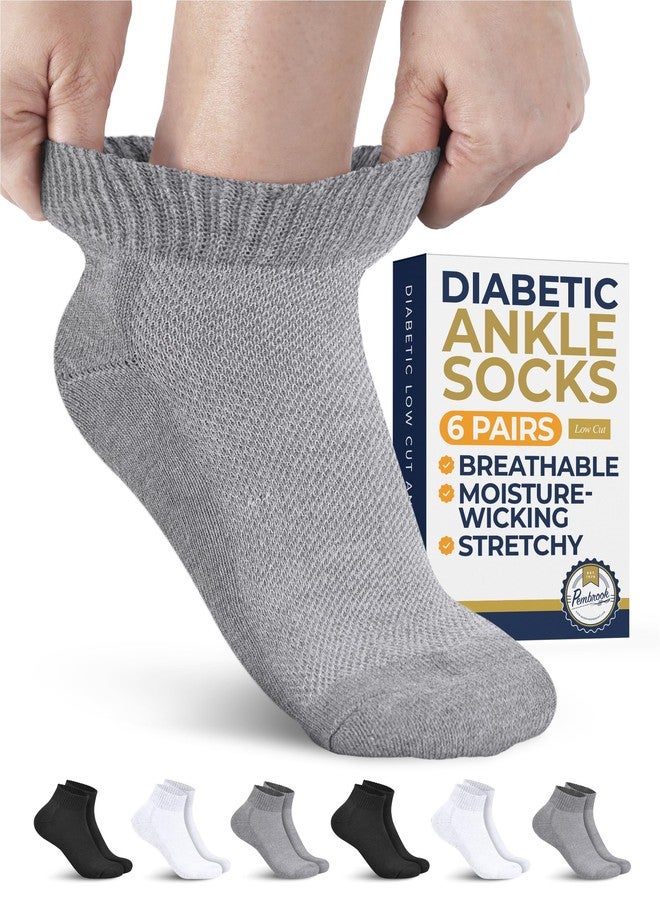 Pembrook Ankle Diabetic Socks for Men & Women - 6 Pairs | Black, White, Gray | Low Cut Stretch Top Mens Diabetic Sock | Ankle Moisture Wicking Neuropathy Socks for Men | Diabetic Socks for Men 9-12 - Image 1