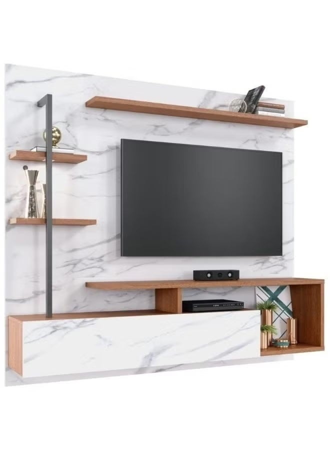 Al Zakharef Furniture Al Zakharef Marbled Effect Calacatta Natural TV Stand for TVs up to 55 Inches, 180cm Modern Entertainment Console with Storage Cabinets & Doors, MDF Wood, White + Oak Finish – Living Room Media Unit - Image 2