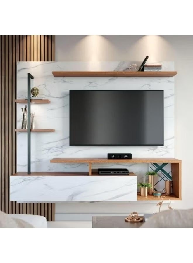 Al Zakharef Furniture Al Zakharef Marbled Effect Calacatta Natural TV Stand for TVs up to 55 Inches, 180cm Modern Entertainment Console with Storage Cabinets & Doors, MDF Wood, White + Oak Finish – Living Room Media Unit - Image 1