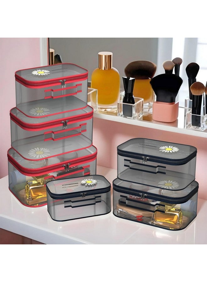 كوبير إندستريز مجموعة من 6 منظمات تخزين للسفر | حقيبة مستحضرات التجميل بمقبض | حجرة شفافة قابلة للتعديل | حقيبة مكياج للسفر | طقم تخزين أدوات الزينة | تصميم عباد الشمس | الأحمر والأزرق - Image 1