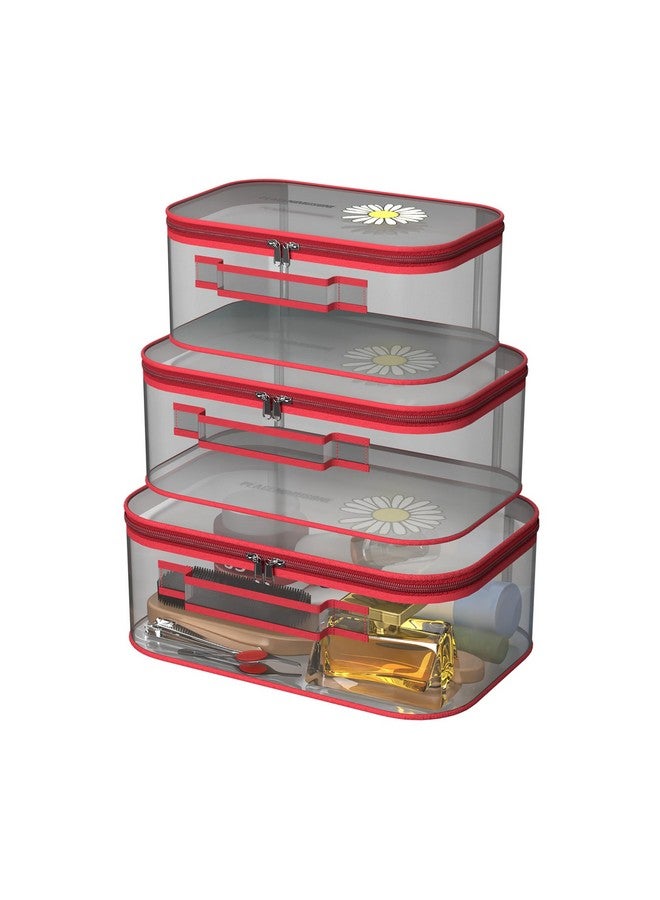 كوبير إندستريز مجموعة من 6 منظمات تخزين للسفر | حقيبة مستحضرات التجميل بمقبض | حجرة شفافة قابلة للتعديل | حقيبة مكياج للسفر | طقم تخزين أدوات الزينة | تصميم عباد الشمس | الأحمر والأزرق - Image 2