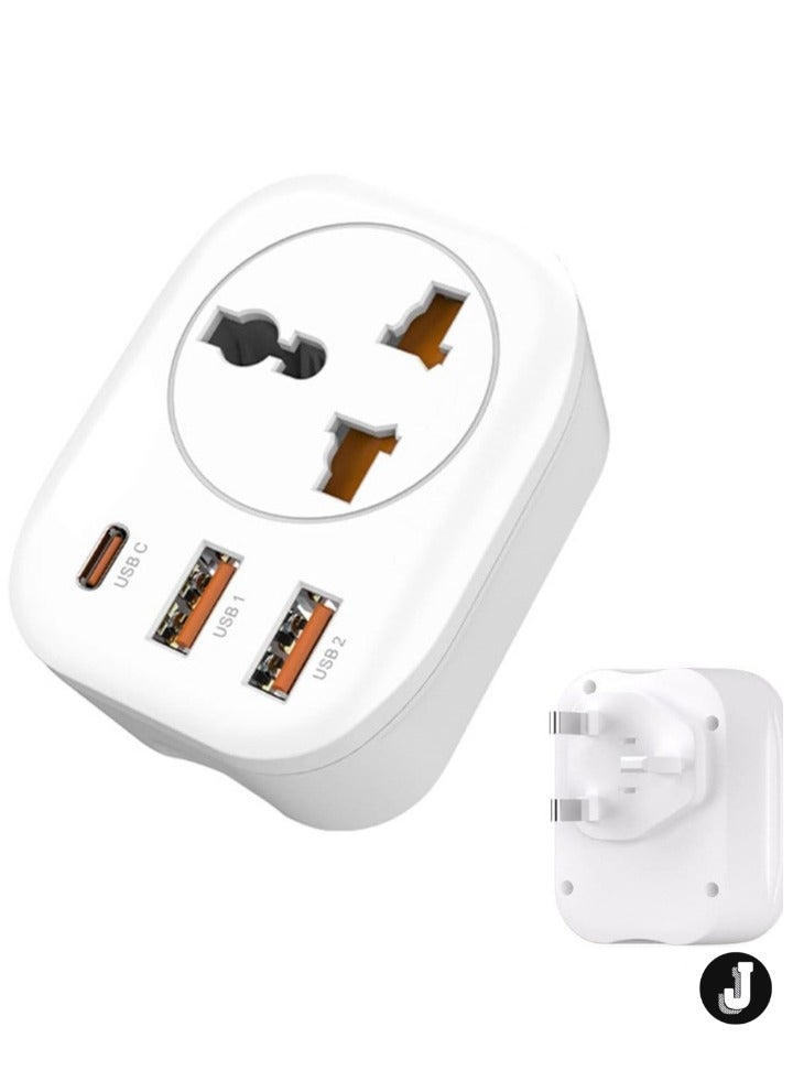 JAJEEK Type G Travel Converter Adapter with Universal Socket, 2 USB Ports & Type-C for Business, Holidays, Hotels & Airports – White - Image 1