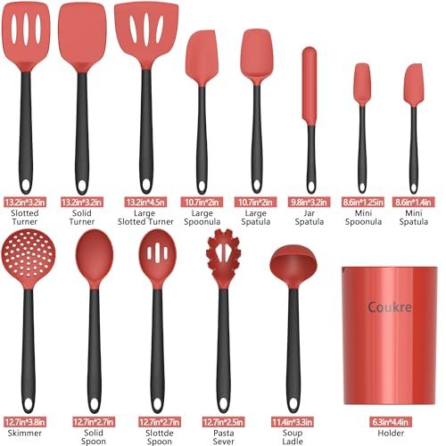 Coukre Silicone Kitchen Cooking Utensils Set with Holder – Heat-Resistant, Food-Grade Kitchen Tools, Spatula, Spoon & Gadgets for Non-Stick Pans, Dishwasher Safe (14, Red) - Image 2
