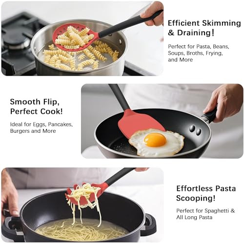 Coukre Silicone Kitchen Cooking Utensils Set with Holder – Heat-Resistant, Food-Grade Kitchen Tools, Spatula, Spoon & Gadgets for Non-Stick Pans, Dishwasher Safe (14, Red) - Image 3