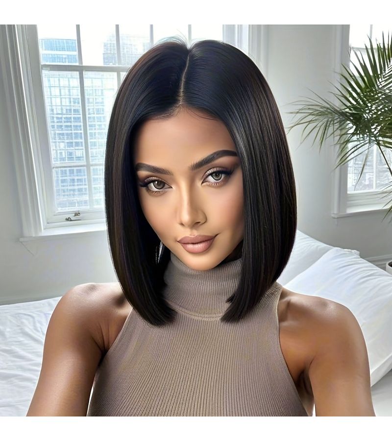 14 Inch Black Short Hair Middle Part Soft Fluffy Daily Wear - Image 2