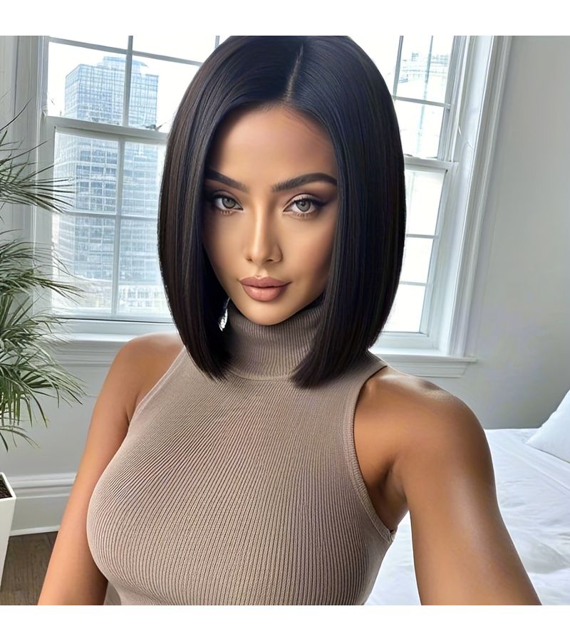 14 Inch Black Short Hair Middle Part Soft Fluffy Daily Wear - Image 3
