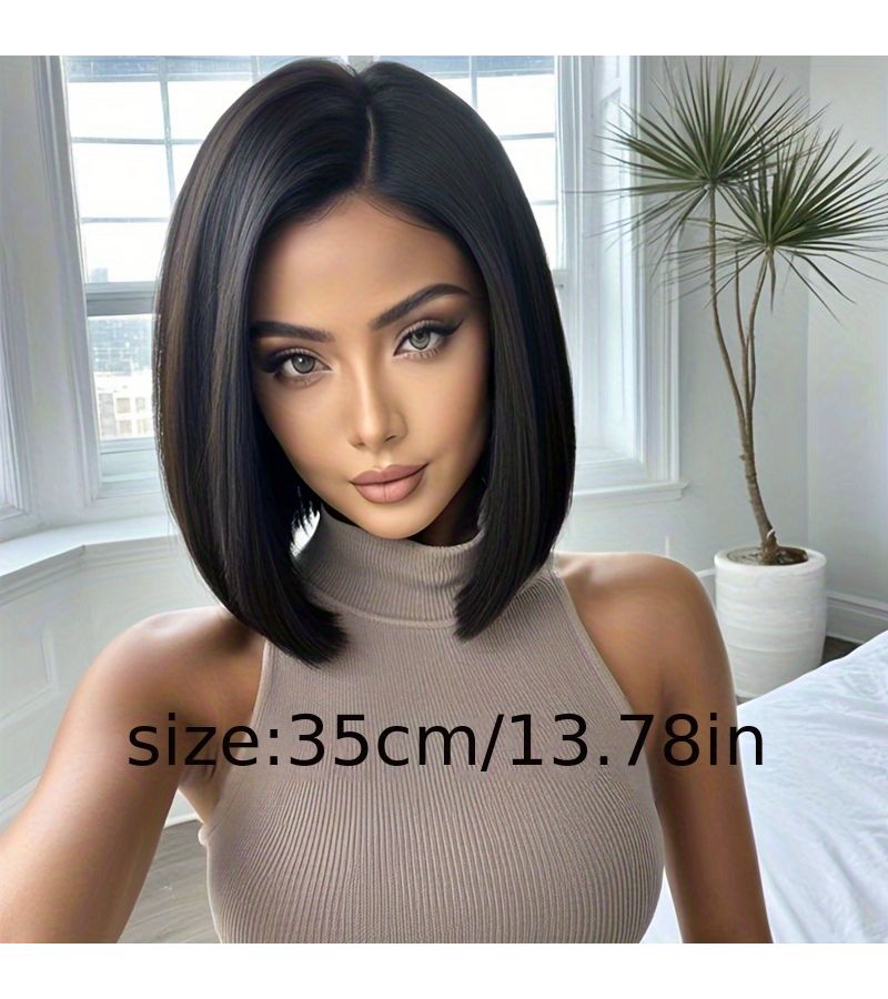 14 Inch Black Short Hair Middle Part Soft Fluffy Daily Wear - Image 4