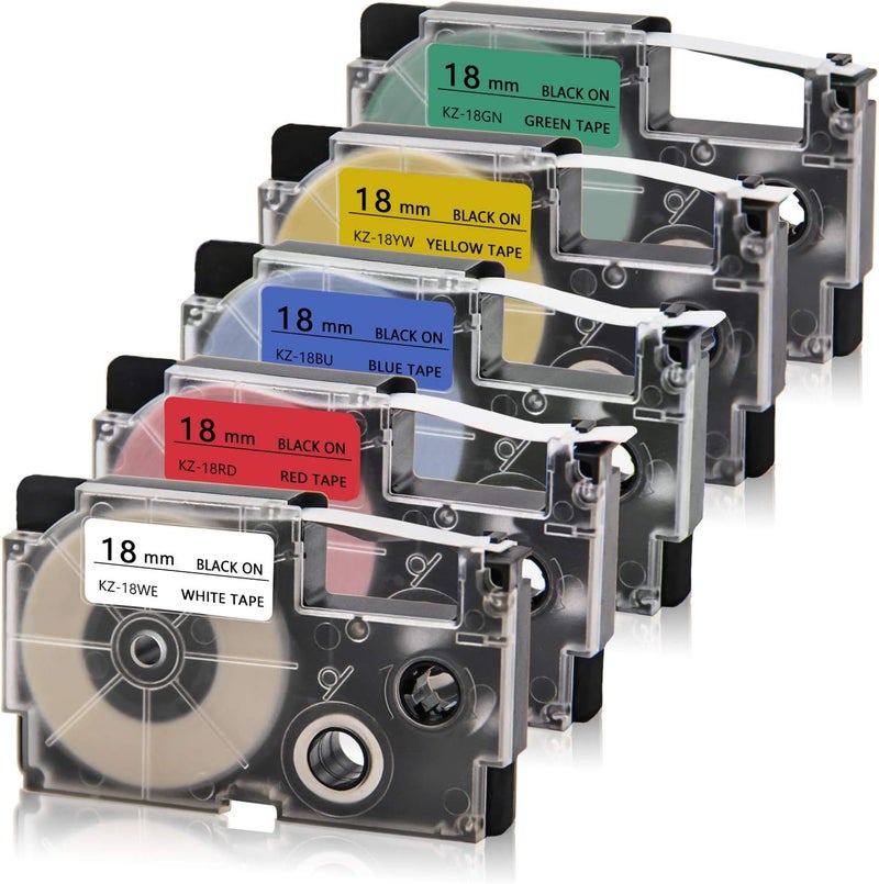 Absonic Compatible Label Tape Replacement for Compatible Label Tape for XR-18WE XR-18RD XR-18BU XR-18YW XR-18GN 18mm EZ Label for KL-120 KL-750 KL-780 KL-820 KL-7200 KL-8100, 3/4" x 26', 5-Pack - Image 1