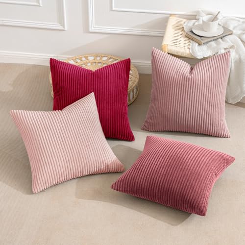 MIULEE Boho Farmhouse Throw Pillow Covers 18x18 Inch Set of 4 Romantic Decorative Cushion Covers Spring Corduroy Home Decor for Feminine Valentines Couch Bed Sofa Living Room Aesthetic Pink - Image 3