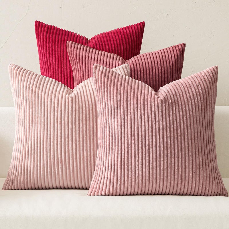 MIULEE Boho Farmhouse Throw Pillow Covers 18x18 Inch Set of 4 Romantic Decorative Cushion Covers Spring Corduroy Home Decor for Feminine Valentines Couch Bed Sofa Living Room Aesthetic Pink - Image 2