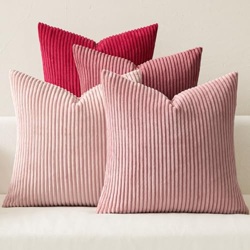 MIULEE Boho Farmhouse Throw Pillow Covers 18x18 Inch Set of 4 Romantic Decorative Cushion Covers Spring Corduroy Home Decor for Feminine Valentines Couch Bed Sofa Living Room Aesthetic Pink - Image 1