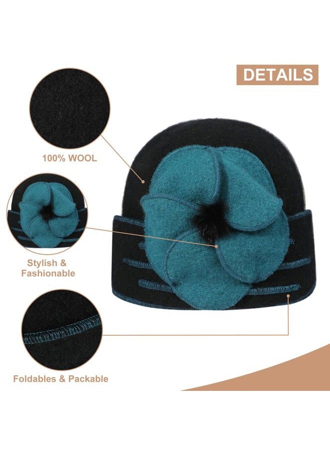 Sumolux Beanie Hats for Women Wool Beret Floral Cuffed Skull Cap French Vintage Dress Cloche Classic Winter 1920s Black Green - Image 4