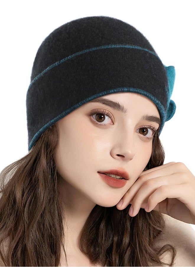 Sumolux Beanie Hats for Women Wool Beret Floral Cuffed Skull Cap French Vintage Dress Cloche Classic Winter 1920s Black Green - Image 3