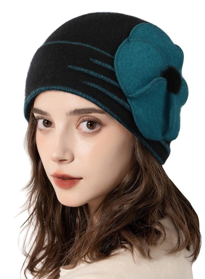 Sumolux Beanie Hats for Women Wool Beret Floral Cuffed Skull Cap French Vintage Dress Cloche Classic Winter 1920s Black Green - Image 2