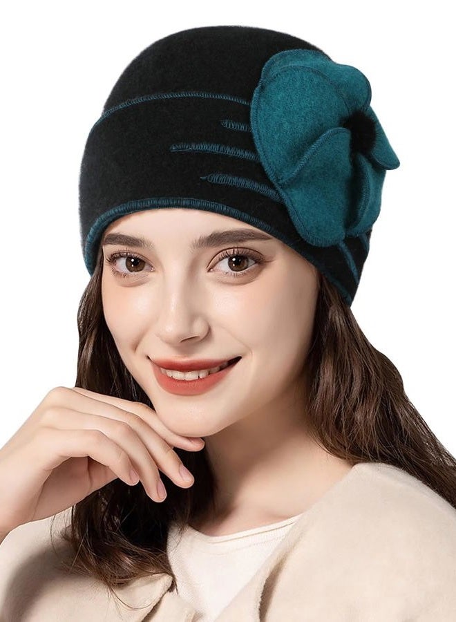Sumolux Beanie Hats for Women Wool Beret Floral Cuffed Skull Cap French Vintage Dress Cloche Classic Winter 1920s Black Green - Image 1