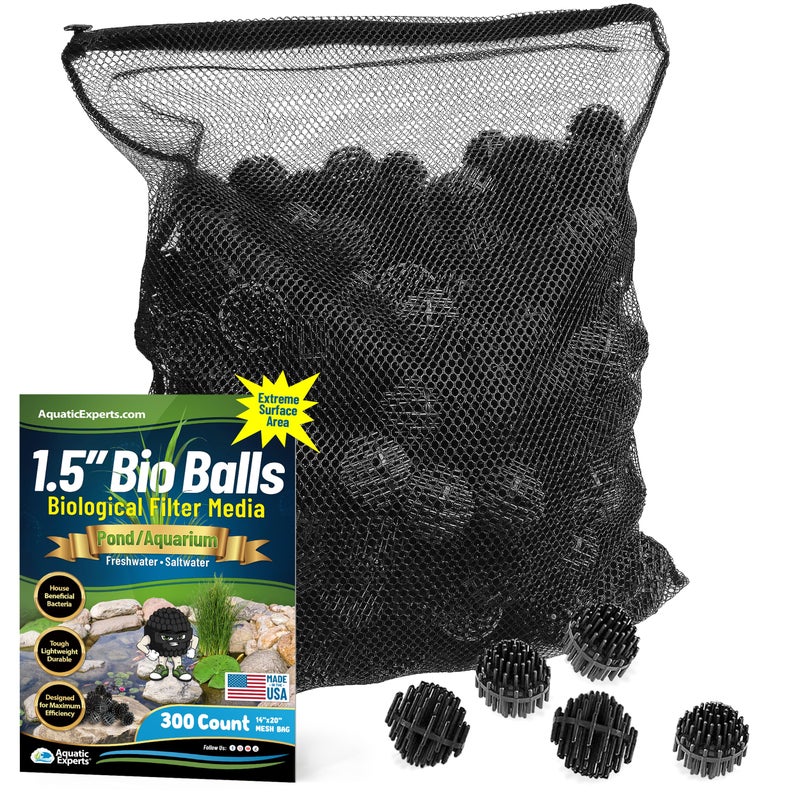 Aquatic Experts Bio Balls Filter Media Bulk, 1.5 Inch Large Bio Balls for Pond & Aquarium Filters, Pond Filter Media for Outdoor Ponds, (300 Count with 14" x 20" Mesh Bag, 1.5 Inch)