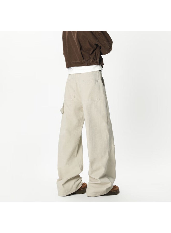 Izexx American Style Deconstructed Workwear Casual Pants Men Spring Vintage Wrinkled High Street Loose Straight Leg Trousers Zy02 Apricot 2XL - Image 2