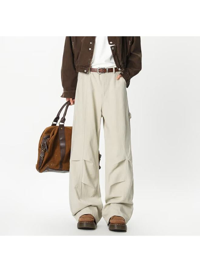 Izexx American Style Deconstructed Workwear Casual Pants Men Spring Vintage Wrinkled High Street Loose Straight Leg Trousers Zy02 Apricot 2XL - Image 4