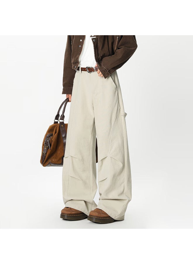 Izexx American Style Deconstructed Workwear Casual Pants Men Spring Vintage Wrinkled High Street Loose Straight Leg Trousers Zy02 Apricot 2XL - Image 3