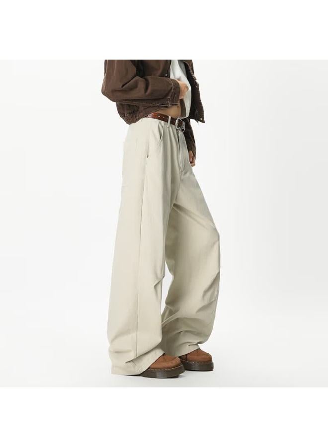 Izexx American Style Deconstructed Workwear Casual Pants Men Spring Vintage Wrinkled High Street Loose Straight Leg Trousers Zy02 Apricot 2XL - Image 1