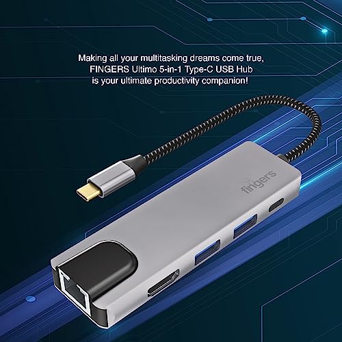 FINGERS Ultimo 5-in-1 Type-C USB Hub (2 x USB 3.0, HD Interface, Giga LAN, USB Type-C with PD Charging) - Image 3