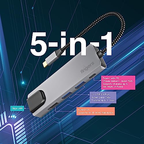 FINGERS Ultimo 5-in-1 Type-C USB Hub (2 x USB 3.0, HD Interface, Giga LAN, USB Type-C with PD Charging) - Image 4