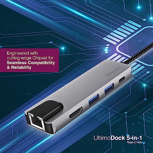FINGERS Ultimo 5-in-1 Type-C USB Hub (2 x USB 3.0, HD Interface, Giga LAN, USB Type-C with PD Charging) - Image 2