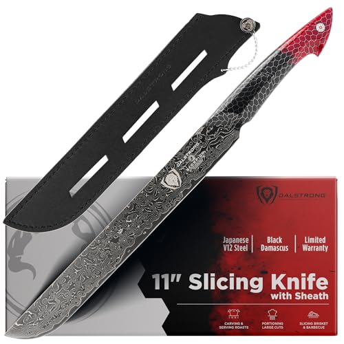 Dalstrong Slicing Knife - 11”- Scorpion Series Meat Slicing Knife Professional- Exclusive Japanese V12 Ultra™ Steel - Black Damascus - Black & Red Honeycomb Resin Handle- Brisket Slicer with Sheath - Image 1