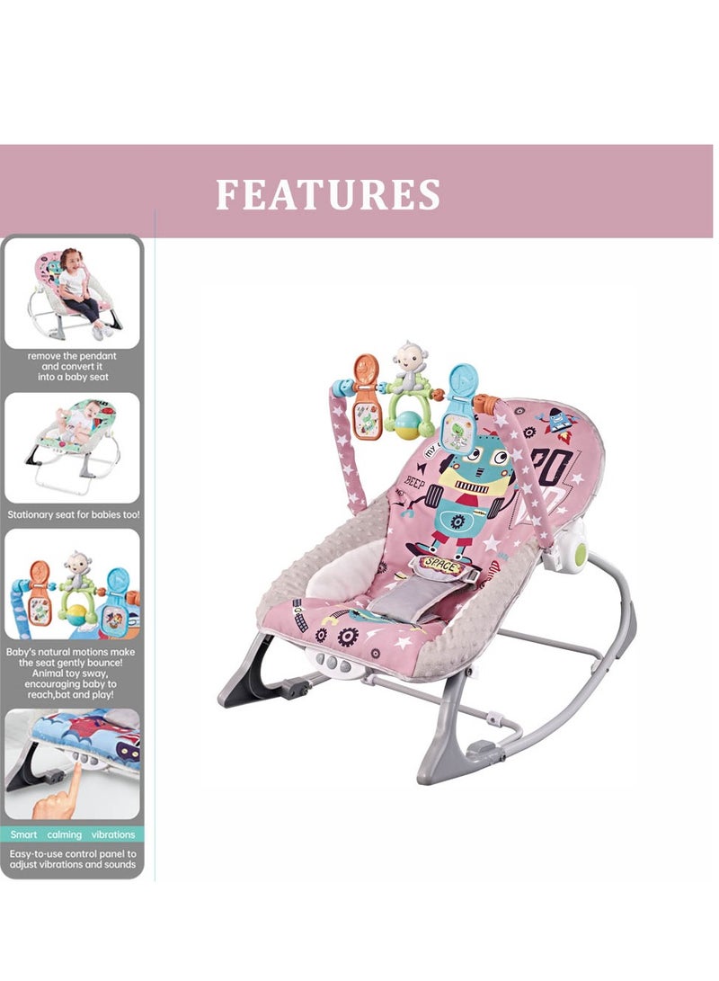 Factory Price Printed Baby Rocker With Soothing Music,  Calm Vibrations and Removable Toys - Space Pink - Image 2