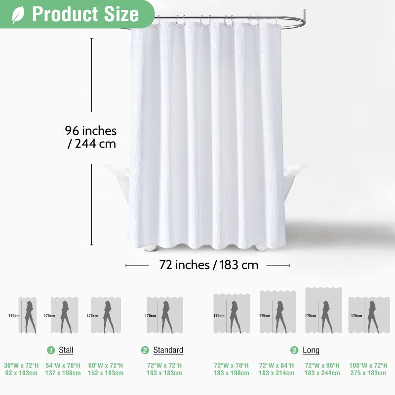 Dynamene Extra Surtain Long Down Surtain 96 inch طول الوفل نسجًا ثقيلًا من النسيج السميك الحمام الستار الدش محايدة حوض استحمام الفندق مع 12 خطافات بلاستيكية 72 × 96 أبيض - Image 5