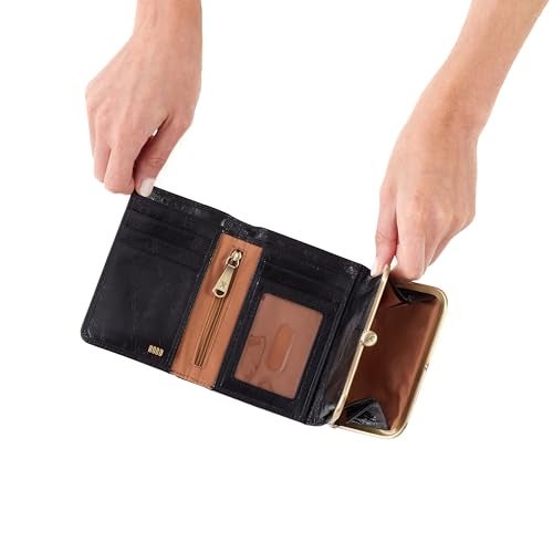 HOBO Robin Leather Compact Trifold Wallet with Zip Pocket, Cash Money Slot, Credit Card Organizer, and Fashion Frame Coin Pouch, Black - Image 3