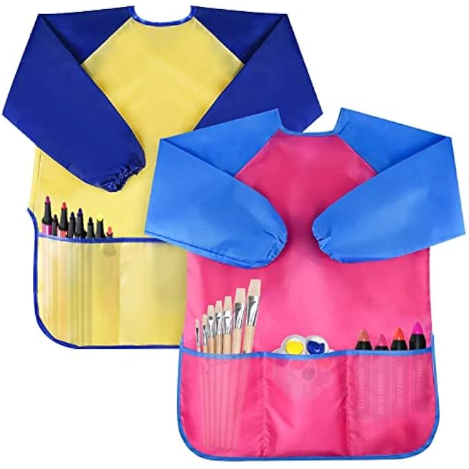 Mumoo Bear 2 Pack Kids Art Smocks Toddler Smock Waterproof Artist Painting Aprons Long Sleeve with 3 Pockets for Age 2-6 Years