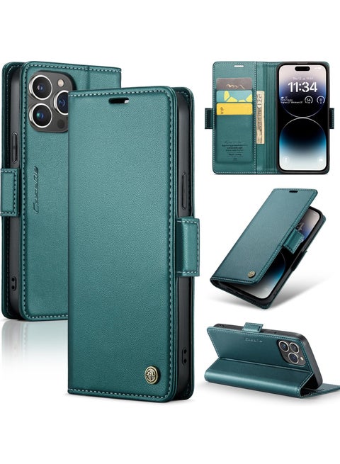 جراب موبايل من الجلد الصناعي الفاخر مقاوم ضد البصمات  023 وحامل للكروت و البطاقات متوافق مع ايفون 14 برو ماكس (اخضر)