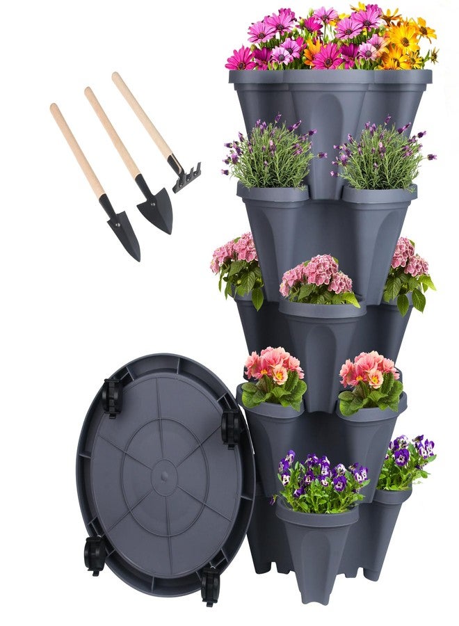 GameXcel Vertical Planter 5 Tier Stackable Planters Garden Planters Strawberry Herb Flower and Vegetable Planter Indoor Outdoor Gardening Pots with Removable Wheels and Tools - Image 1