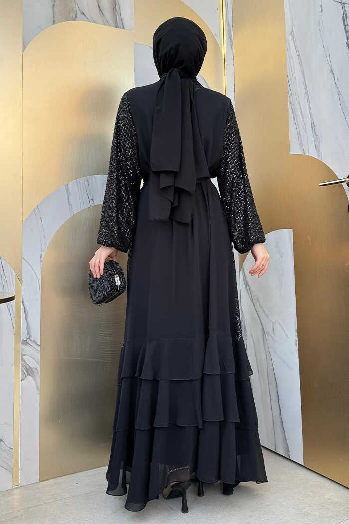 Bym Fashion Sequin Embroidered Abaya and Dress Set 8483 Black  - Image 2