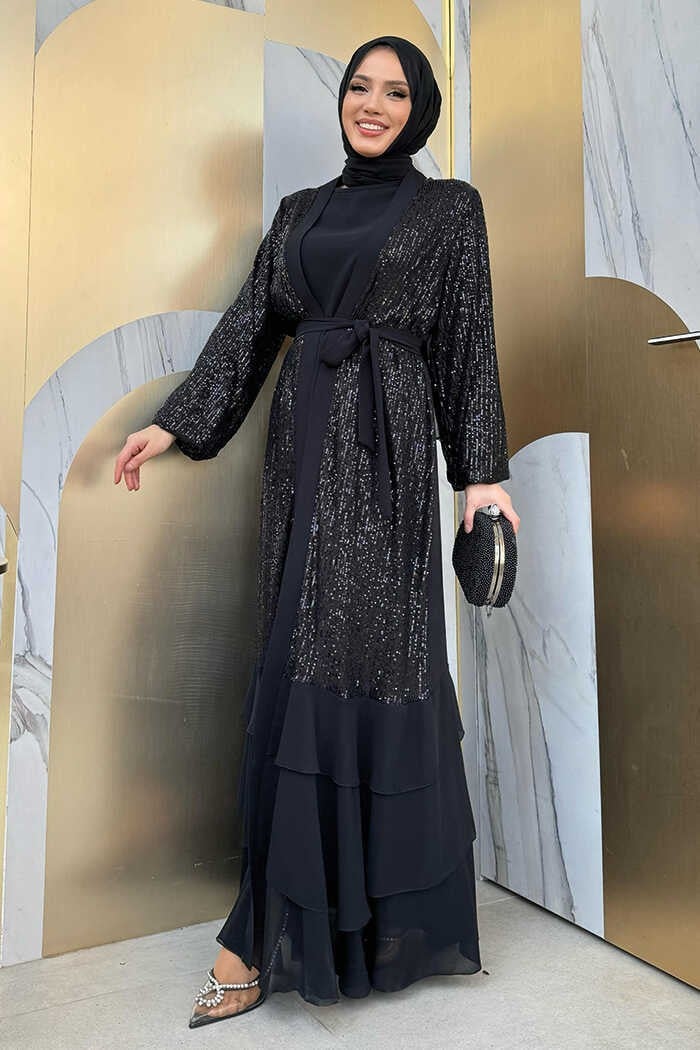Bym Fashion Sequin Embroidered Abaya and Dress Set 8483 Black  - Image 3