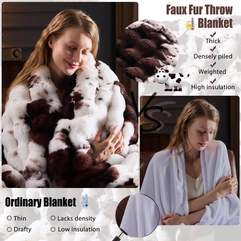 PLUUSHUU Faux Fur Throw Blanket for Couch, Fluffy Fuzzy Plush Bubble Blanket, Soft Warm Cozy Shaggy Rabbit Blanket, Luxury Decorative Gifts for Sofa Bedroom Living Room, 60x80inch (Cow Print-Brown) - Image 2
