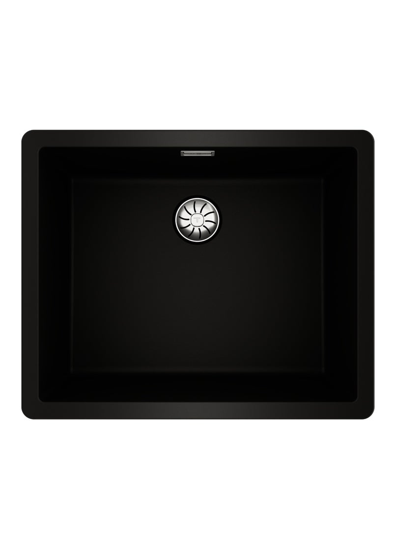 TEKA Radea Series Tegranite+ Kitchen Sink with One Bowl and 2-in-1 Installation Options: Top or Undermount, 3½” PerfectFlow Manual Waste Basket with Siphon, 200 mm Deep Bowl Radea R10 50.40 Black - Image 1