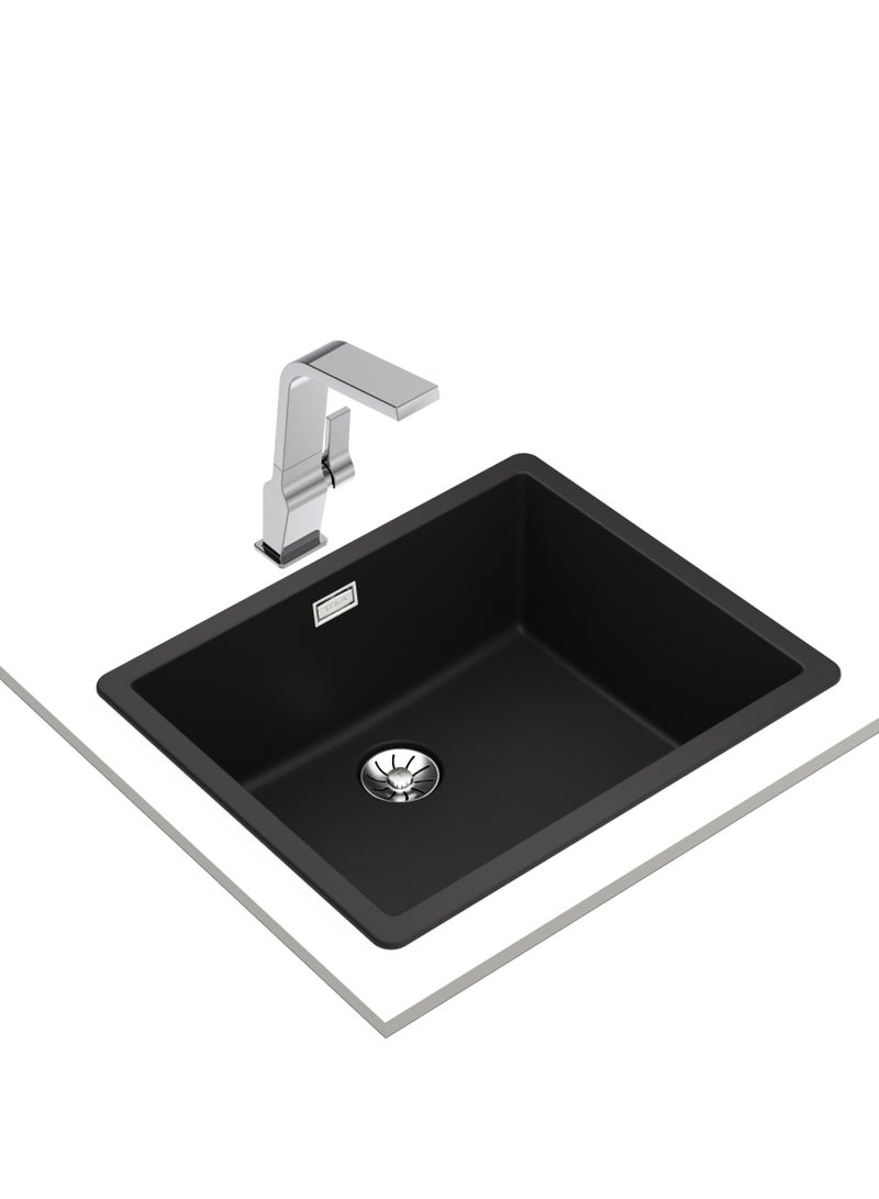 TEKA Radea Series Tegranite+ Kitchen Sink with One Bowl and 2-in-1 Installation Options: Top or Undermount, 3½” PerfectFlow Manual Waste Basket with Siphon, 200 mm Deep Bowl Radea R10 50.40 Black - Image 5