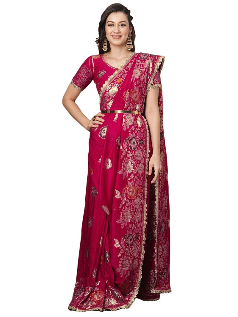 Satrani Women's Cotton Silk Banarasi Jacquard Saree with Unstitched Blouse Piece (4067S6422N_Rani Pink) - Image 1