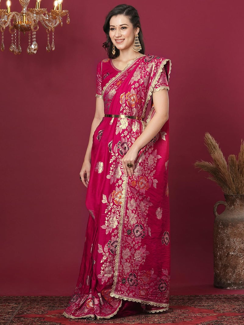 Satrani Women's Cotton Silk Banarasi Jacquard Saree with Unstitched Blouse Piece (4067S6422N_Rani Pink) - Image 2