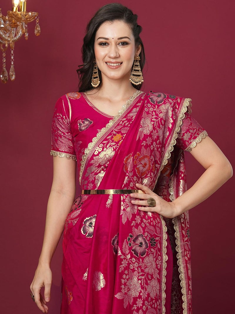 Satrani Women's Cotton Silk Banarasi Jacquard Saree with Unstitched Blouse Piece (4067S6422N_Rani Pink) - Image 4