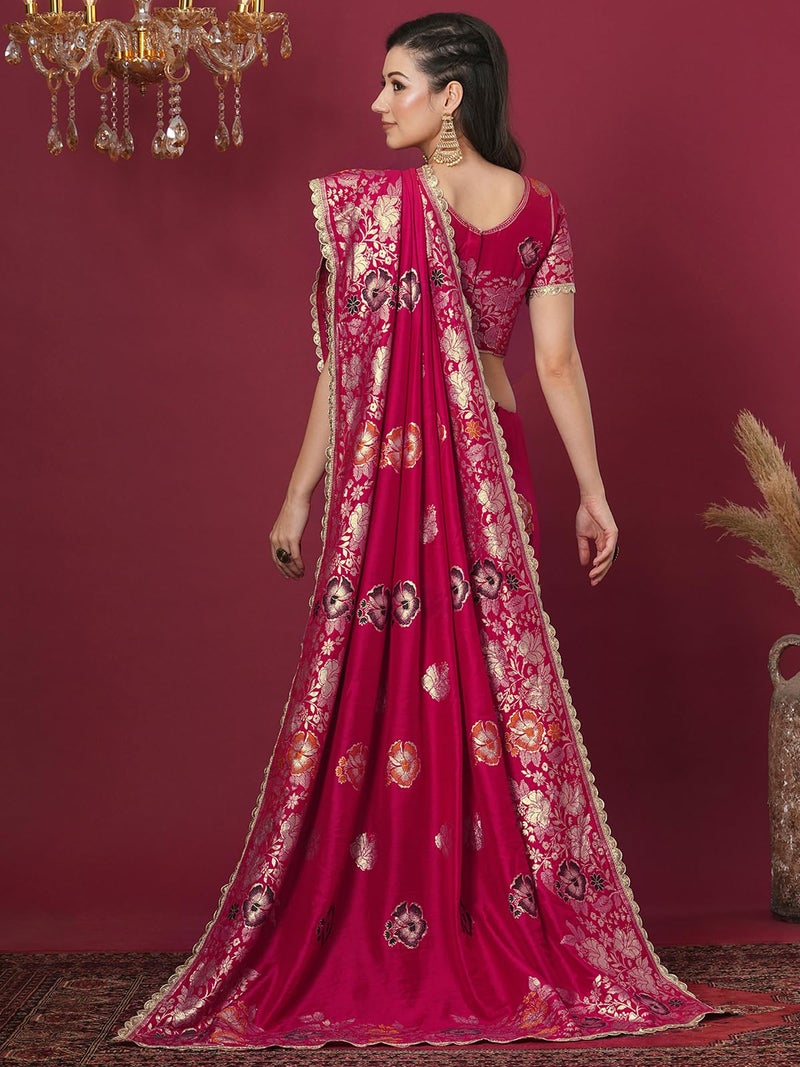 Satrani Women's Cotton Silk Banarasi Jacquard Saree with Unstitched Blouse Piece (4067S6422N_Rani Pink) - Image 3