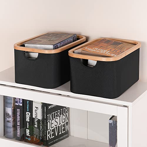 efluky Storage Baskets for Organizing, Fabric Storage Bins with Bamboo Handles, Collapsible Storage Baskets for Shelves and Closet, Black Set of 2 - Image 5