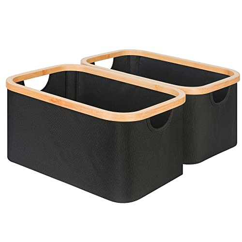 efluky Storage Baskets for Organizing, Fabric Storage Bins with Bamboo Handles, Collapsible Storage Baskets for Shelves and Closet, Black Set of 2 - Image 1