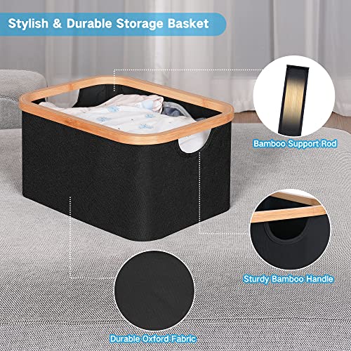 efluky Storage Baskets for Organizing, Fabric Storage Bins with Bamboo Handles, Collapsible Storage Baskets for Shelves and Closet, Black Set of 2 - Image 3