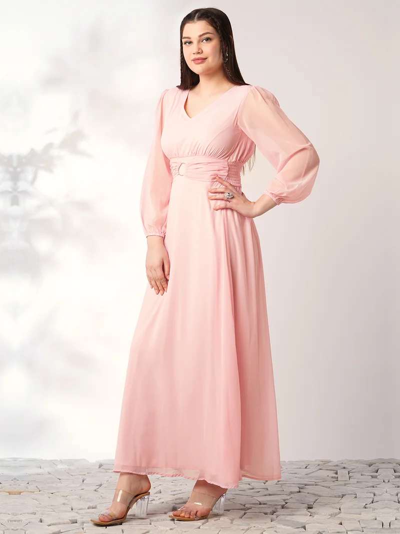 globus Globus Women Pink V-Neck Bishop Sleeves Smocked Fit & Flare Maxi Party Dress