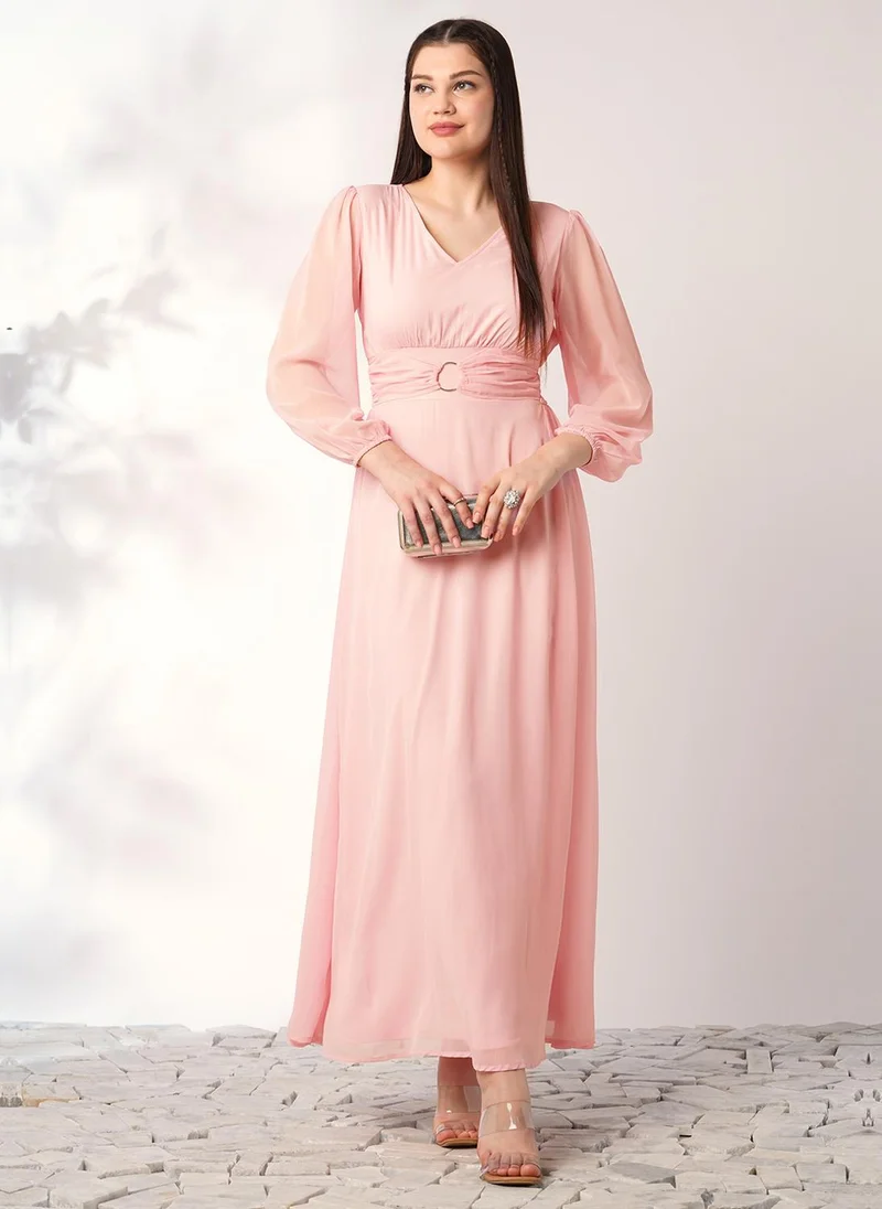 Globus Globus Women's Pink Party Fit and Flare Maxi Dress with V-Neck and Bishop Sleeves