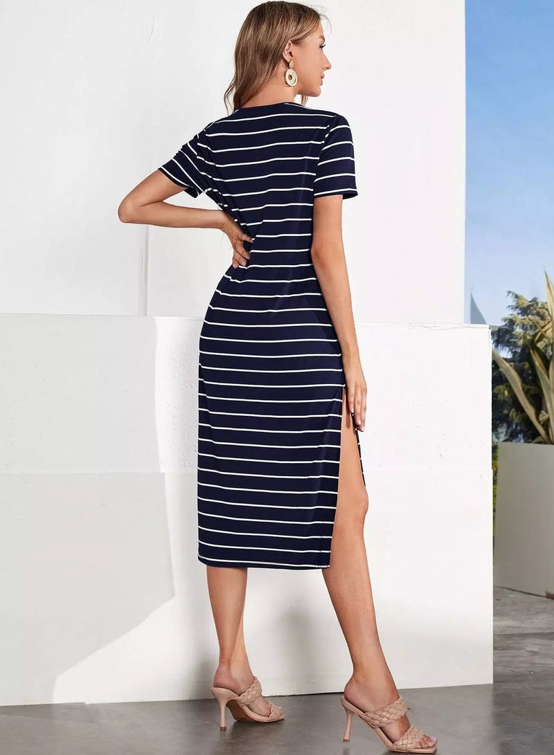 Maternity Striped Split Thigh Side Dress  - Image 3