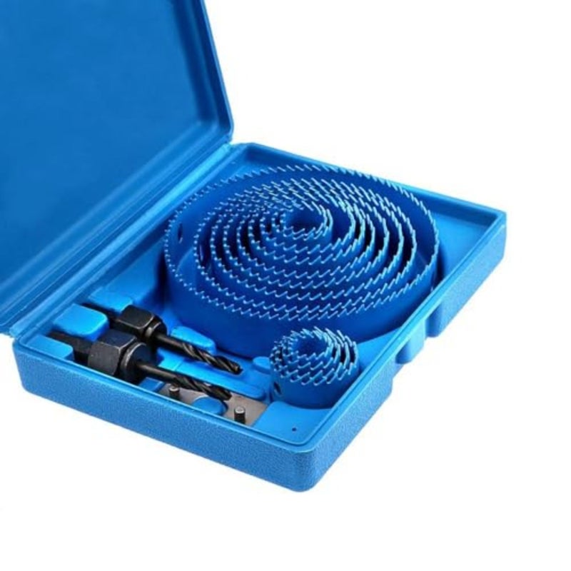 13 Piece Hole Saw Cutter Kit with Core Drill Bit Mandrels, Hex Key and Install Plate, Blue, for Plasterboard, Plastic and PVC - Image 1